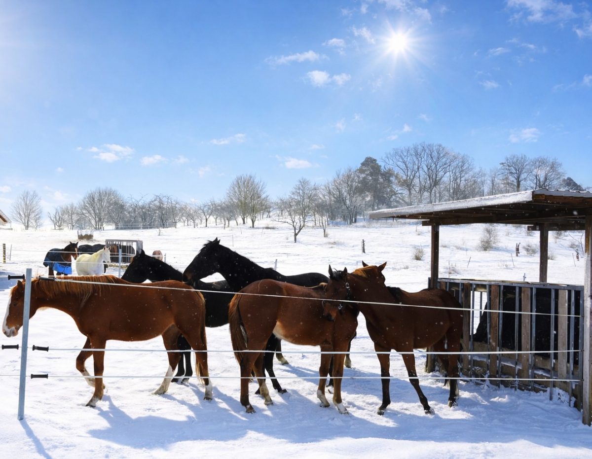 Laufstallpferde auf Paddock im Winter