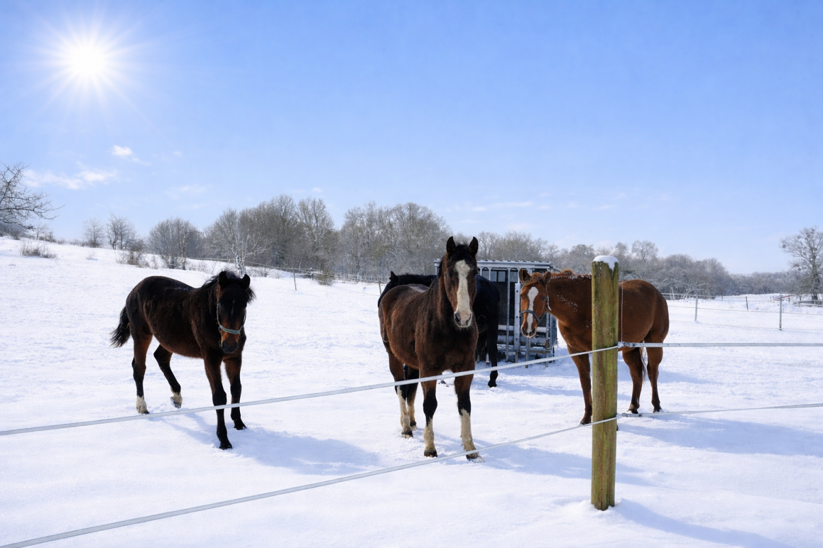 Pferde auf verschneiter Koppel auf Gestüt Gut Buchenhof im Winter 2025